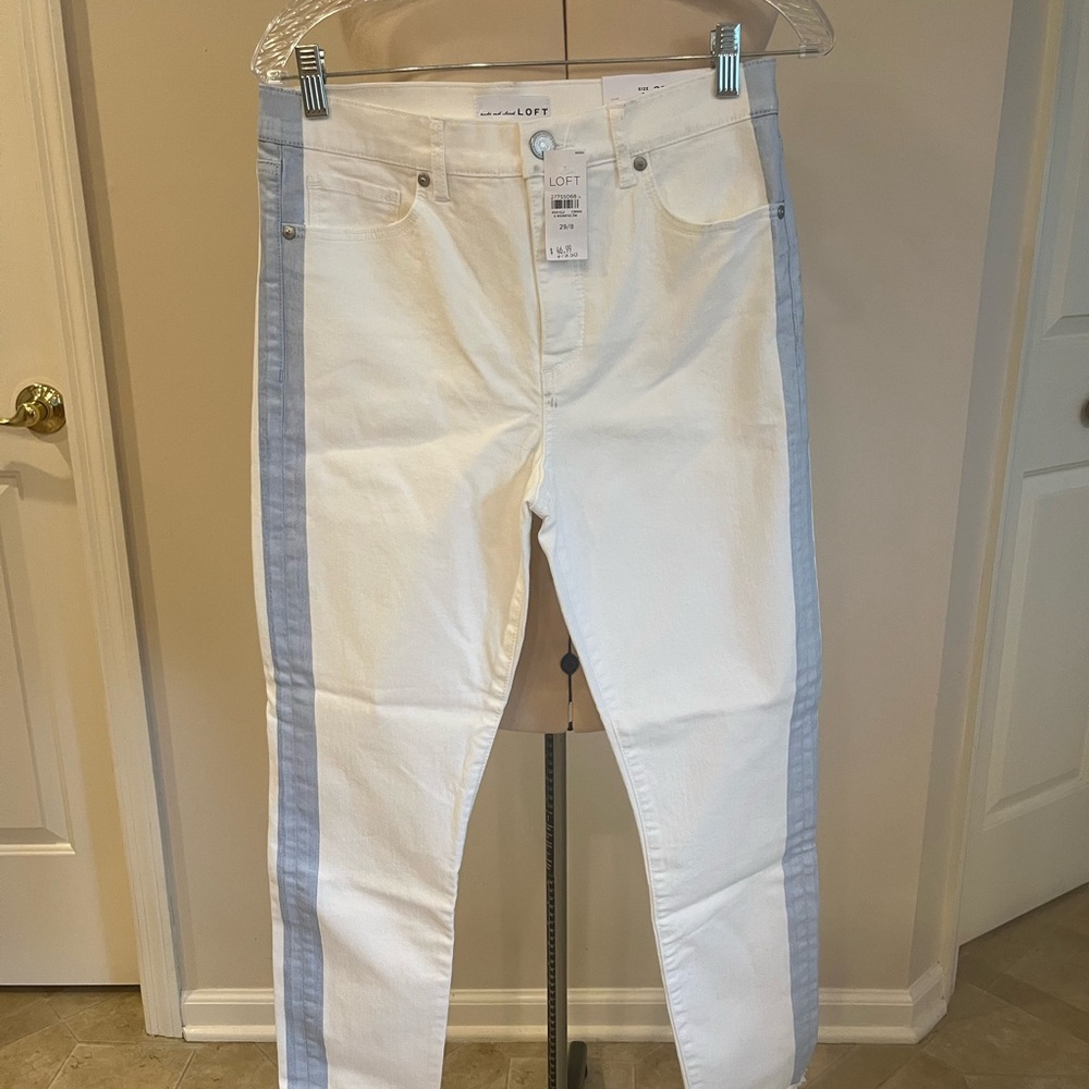LOFT Women's White Skinny Jeans with Blue Stripes